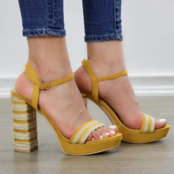 Espadrille Heel Yellow Open Toe Platform Sandal - Picture 4 of 11